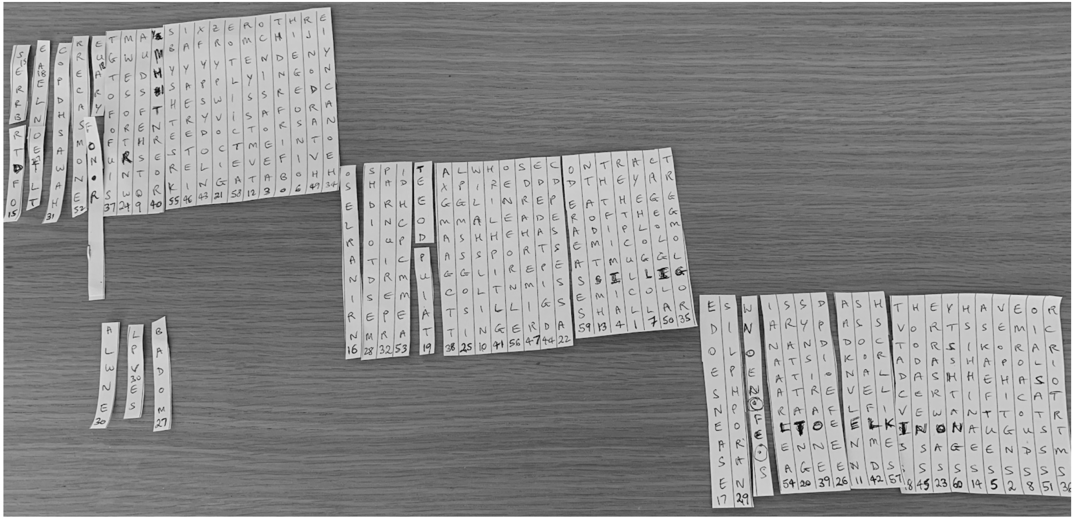 Reconstructed Biafran cipher strips laid out on a table